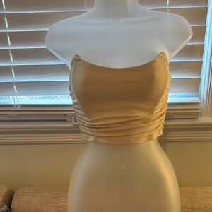 Mable Strapless Ruched Crop Top in Tan